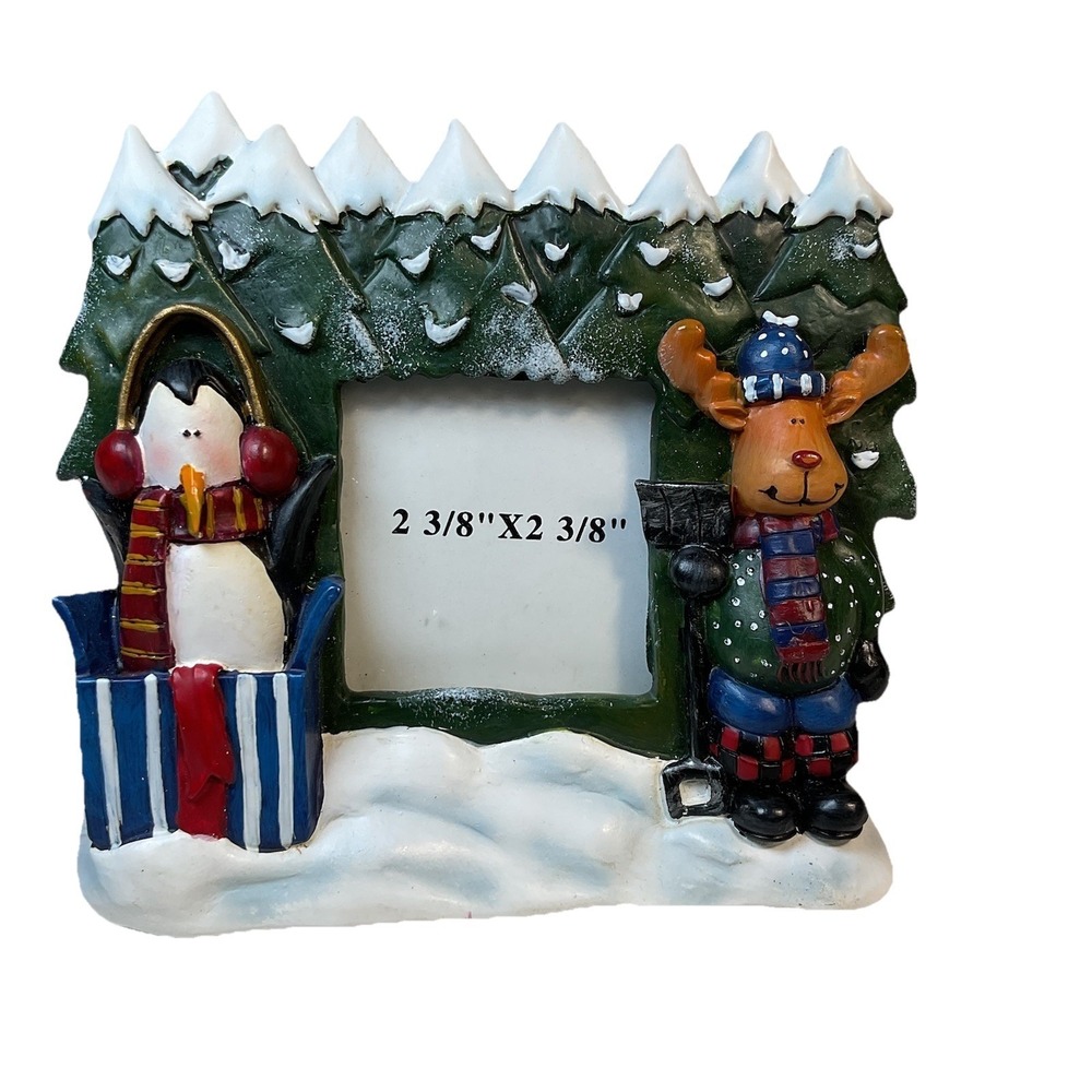 Moose Penguin Christmas Holiday 3d‎ Photo Frame Snowy 2 3/8" Vtg